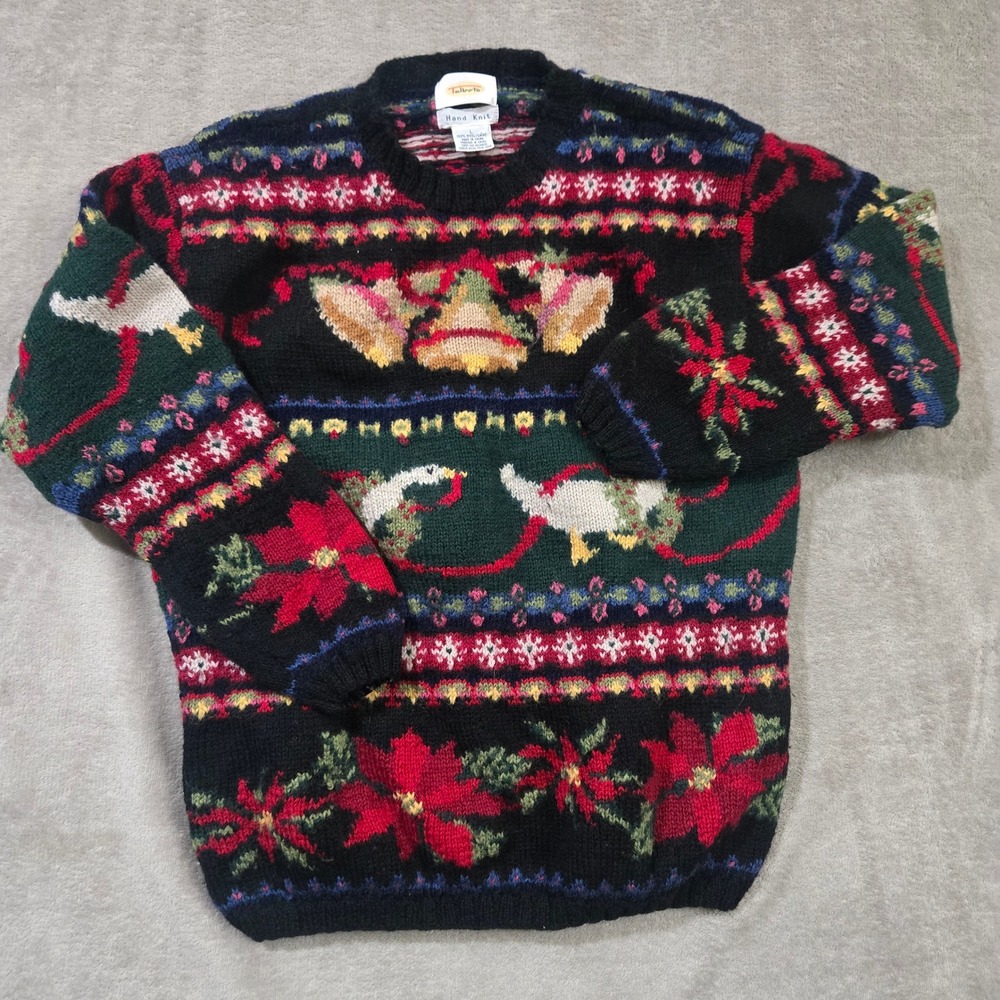 Talbots Wool Hand Knit Sweater Large Christmas Holiday Fair Isle Goose Novelty